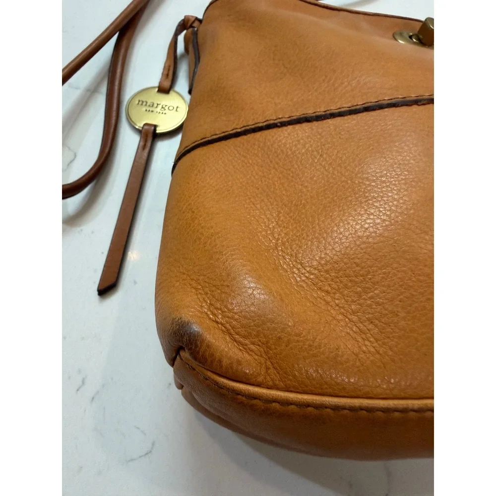 Margot New York Cognac Brown Leather Crossbody Bag Turn Lock Small Messenger